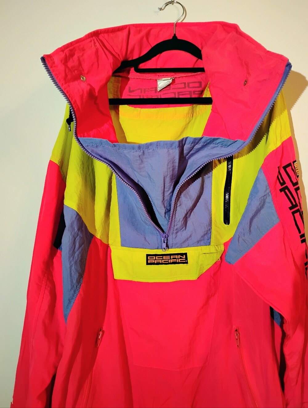 Vintage 80s 90s Ocean Pacific Neon Colourblock Anorak Jacket Pullover M